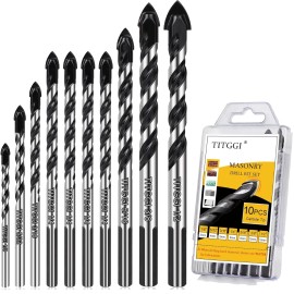 TITGGI 10PCS Masonry Drill Bit Set Carbide Tip for Tile Glass Brick Wood 1/8"-1/2"