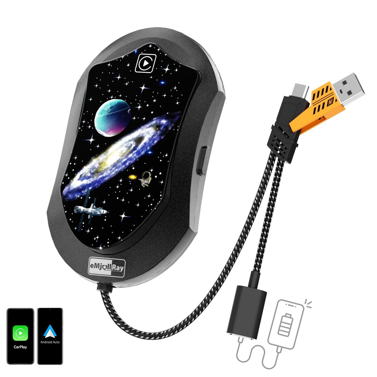 eMjollRay 3 in 1 Wireless CarPlay & Android Auto Adapter USB C auf A Plug & Play Verkabelt für Autos ab 2017 & iPhone iOS 10 & Android 11, Bluetooth, Wi-Fi, Schwarz