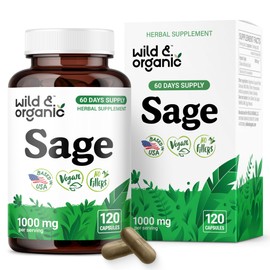 Wild & Organic Sage Capsules 1000 mg - Brain, Digestive & Immune Support - Sage Leaves Extract Supplement - 60 Days of Supply - 120 Herb Capsules - Vegan, Non-GMO, Gluten-Free, No Fillers