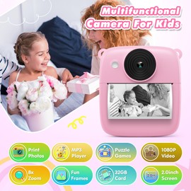CalineGam Children's Camera Instant Camera 48MP Instant Camera Children with 32GB Card & Printing Paper, 1080P Digital Camera Children, Gifts for Boys and Girls 3-12 Years (Pink)