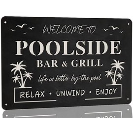 Welcome To Poolside Bar & Grill Metal Tin Sign Swimming Pool Decorations Outdoor Poolside Metal Sign Plaque for Beach Home Bar Pool Deck Backyard Fence Walls 8x12 Inch
