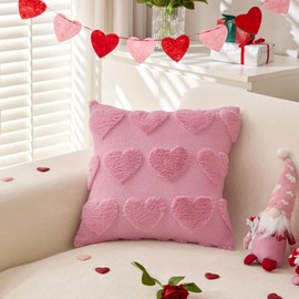 LOMCHEN Valentines Day Throw Pillow Covers 20x20 inch Set of 2 for Valentines Day Decorations Pink Soft Plush Faux Fur Wool Love Heart Pillow Covers for Sofa Living Room Couch Bed
