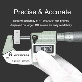 ACEMETER Digital Micrometer Precision Professional 0-1" (0-25mm) Range, 0.00005" (0.001mm) Resolution,Large Screen Digital Micrometer, Meets IP65 Specifications with Standard Ratchet Stop