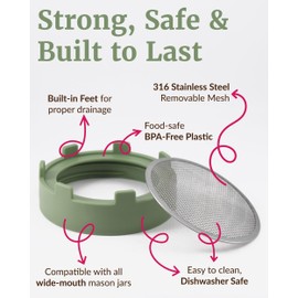 Elementi Sprouting Lids for Wide Mouth Mason Jars (Set of 4), Sprouts Growing Kit for Organic Alfalfa & Mung Bean Sprouts Grow Kit, 316 Stainless Steel Mesh Screen Strainer Lid (Sage Green)