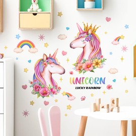 WandSticker4U® - Wall Sticker Unicorns Girls Lucky Rainbow (70 x 80 cm) I Wall Sticker Children's Room Girls Unicorn Rainbow Flowers Stars Wall Sticker Girls Room Princess Decoration