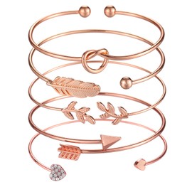 Softones 5pcs Bangle Rose Gold Bracelets for Women Heart|Olive Leaf|Arrow|Feather|Knot Heart Open Cuff Bracelet Set Adjustable