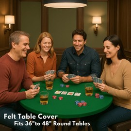 Feltectors Felt Card Game Table Cover for Playing Cards, Poker, Mahjong, Domino, Bridge and Board Game, Elastic Fitted Tablecloth for 36 to 48 Inch Round Tables - Green