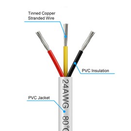 20FT 24 Gauge Wire 3 Conductor, 24AWG Electrical Wire, 24/3 Oxygen Free Stranded Tinned Copper Wire, Insulated Low Voltage Cable for LED Lamps Lights Automotive