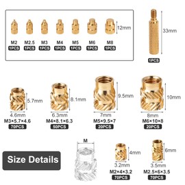 Knpwer 308 Pieces Threaded Insert and Soldering Iron Melting Aid, 3D Pressure Thread Insert, Press-in Nuts Brass Melting Nuts with Soldering Iron Melting Aid, 8 Sizes Melt Thread Embedding Nuts