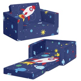 Delta Children Cozee 2-in-1 Kids Couch and Kids Sofa - Baby Sofa with Foam Construction, Stain Resistant and Machine Washable Cover, Side Pocket, Space Theme, 24" W x 17" D x 15" H