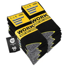 Effeet 10 Pairs of Men's Work Socks, Padded Reinforced Work Socks, Breathable Functional Socks with Comfort Waistband, Long Work Socks, black, 43 - 46