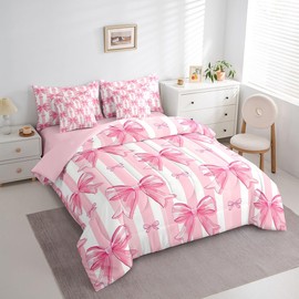 Feelyou Pink Bowknot Comforter Set with Sheets,Dreamy Princess Bowknot 7 Piece Bedding Set Full Size,Girls Bedroom Room Decor,Cute Bow Girly Bed in a Bag,Kawaii Geometric Bow-tie Bed Set