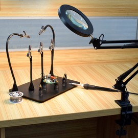 Helping hands Soldering with Magnifying Desk Lamp, PCB Circuit Board Holder, 3 Color Modes, 5-Diopter Real Glass Lens, Adjustable Swivel Arm & Heavy Duty Base Plate for Soldering