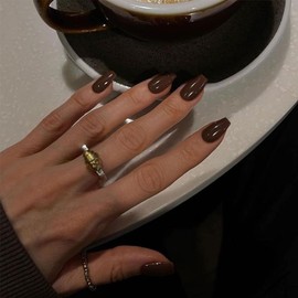 KQueenest Fall Nails, Gel Press on Nails Short Medium Coffin, Solid Color Fake Nails Nails Press ons, Short Ballerina Glue on Nails With Glazed Finish, Simple Acrylic Nails For Finger, Dark Brown