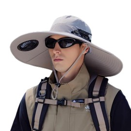 Outdoor Wide Brim Sun Hat with 2 Solar Fan Sun Bucket Hat for Men Women UPF 50+ Bucket Fishing & Beach Hat with Fan Built in, Gray