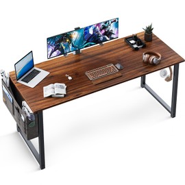 ODK Computer Writing Desk 55 inch, Sturdy Home Office Table, Work Desk with A Storage Bag and Headphone Hook, Deep Brown