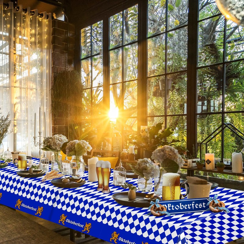 1 Pack Bavarian Oktoberfest Party Tablecloth Decorations, Plastic Rectangular Blue