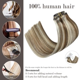 Honsoo Clip In Remy Hair Extensions Light Brown to Blonde Highlights Balayage Hair 70g 12inch Real Hair Extensions Natural Soft Straight Hair Extensions Double Weft Blonde Hair