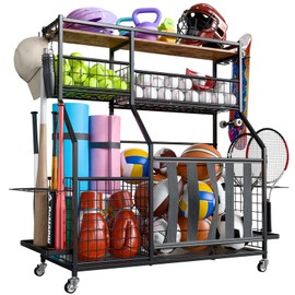 Holiwei Sports Equipment Organizer, Garage Ball Storage with Basket and Hooks, Ball Rack with Wheels for Toy Storage, Indoor/Outdoor