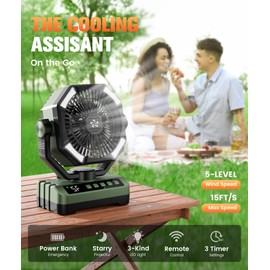 Camping Fan Battery Powered Fan - Rechargeable with Starlight, 20000mAh Battery Operated Outdoor 5 Speed Desk Fans with LED,Hook,Remote Control, Timer,Personal Fans for Tent, Power Outage, Fishing