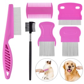 6 Pack Flea Comb for Cats Dogs,Stainless Steel Dog Cat Grooming Combs With Rounded Teeth,Double-Sided Tear Stain Remover,Dematting Comb For Dogs Cats Ideal for Small, Medium & Large Pets (Pink)
