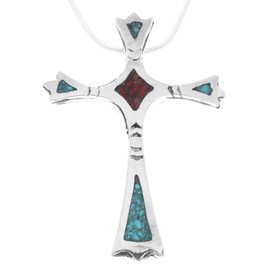 Navajo Turquoise Coral Sterling Cross Pendant Inlaid Pattern With Silver Chain 0024