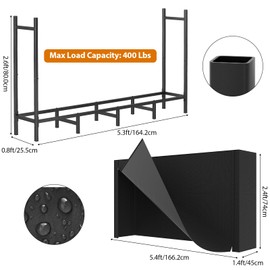 CADUKE Firewood Rack Outdoor with Cover 5.3ft Firewood Log Rack for Fireplace Wood Storage Fire Log Holder Indoors Adjustable Heavy Duty Fire Wood Rack Stand, Black Waterproof Oxford Fabric