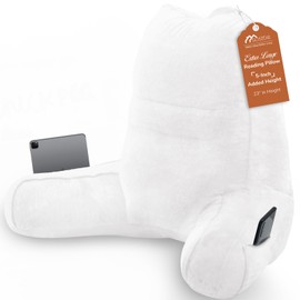 Sasttie Reading Pillow for Bed - 23 Inch, Back Pillow for Bed Sitting Up, Back-Rest Support Cushion with Side Pockets and Arms, Dorm Essentials, Oeko-Tex Certified, White