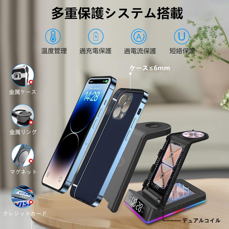 Lishang ワイヤレス充電器 3in1 折りたたみ式 15W急速充電【アラーム/クロック付き】ワイヤレス充電スタンド 置くだけ充電器 スマホ・エアポッズ・アップルウォッチに同時に充電 スタンド ナイトライト付け