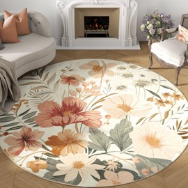 jinchan Renouveau Floral Round Rug 6ft Area Rug Indoor Circle 6' Round Washable Modern Oriental Flower Print Non Slip Carpet for Living Room Dining Room Bedroom Office Decor Pink/Grey