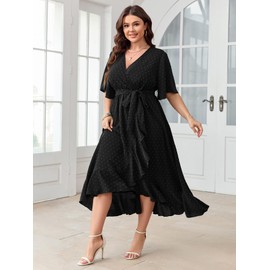 SCOMCHIC Women's Plus Size Summer Dresses Short Sleeve Wrap V Neck Swiss Dot Boho High Low Split Ruffle Maxi Dress Black