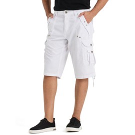 BEST SOUTH Mens Cargo Shorts with 8 Pockets Casual Long Blew Knee Capri 3/4 Pants Relaxed Fit Work Fishing Hiking White 36