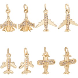 Beebeecraft 4 Styles 8Pcs Airplane Charms 18K Gold Plated Cubic Zirconia Aircraft Charms Set with Jump Rings for DIY Jewellery Making