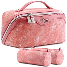 BOYATU Travel Makeup Bag Cosmetic Bags for Women: 3 Sets Large Capacity Make up Bag - Portable Toiletry Bags with Handle for Women(F-5-Rosy Red)