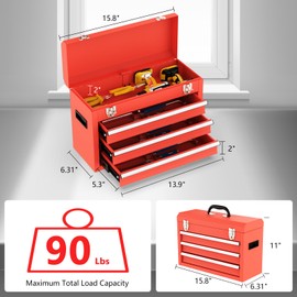 Gornoxblif 3 Drawer Metal Tool Box, Portable Metal Tool Box with EVC Liners and Latches Closure, Heavy Duty Steel Tool Chest with Ball Bearing Opening and Powder Coated Finish, Red