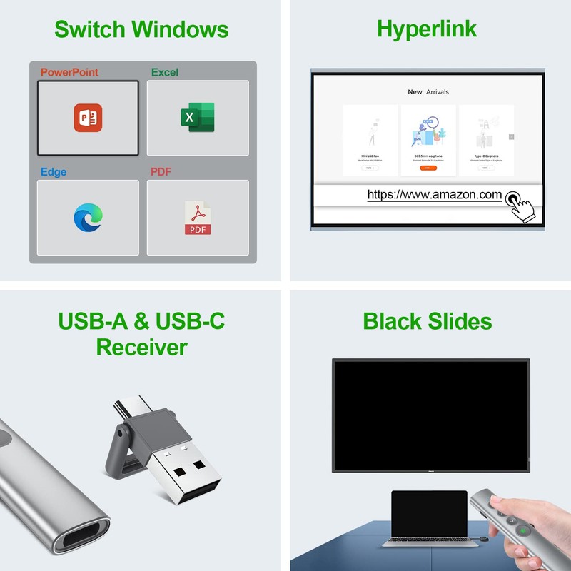 MIPREZT Rechargeable Presentation Clicker Wireless with Green Laser Pointer for