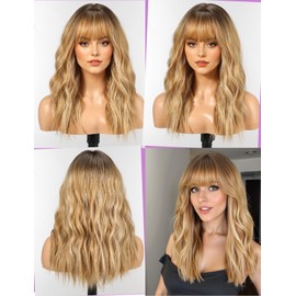 WOKESTAR Long Wig with Fringe Synthetic Wavy Wigs for Women Light Blonde with Highlights Color