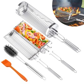 Set of 2 Grill Basket Set with Stainless Steel Handle, Side Opening Design Roller Grill Basket with Cleaning Brush, Grill Accessories for Vegetables, Meat and Seafood on the Outdoor Grill, Gifts for