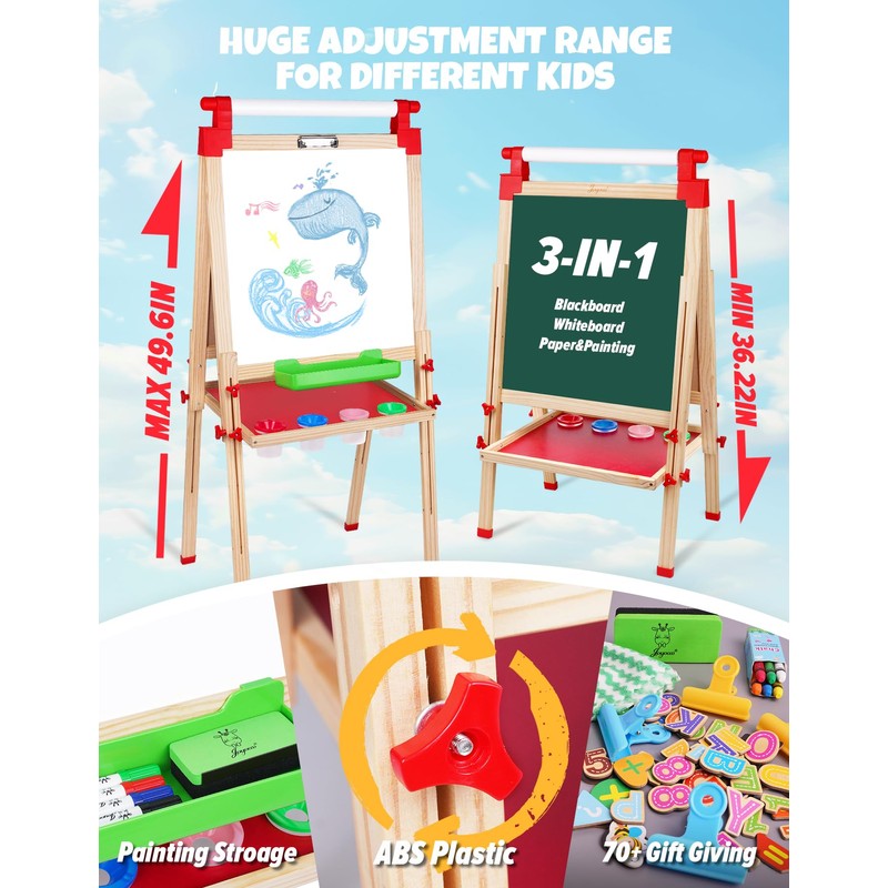 JOYOOSS Kids Wooden Easel with Paper Roll - Adjustable Magnetic