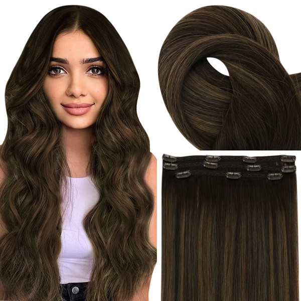Fshine Clip-In Real Hair Extensions, 35 cm / 14 Inches, 50 g, 3 Pieces, Balayage Dark Brown Mixed Chestnut Brown, Real Hair Extensions, Remy Clip-In Hair Extensions, #2/8/2