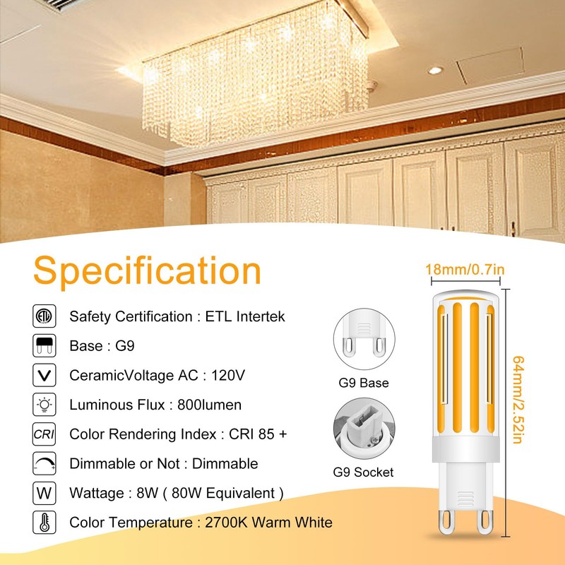 LFLAMPON G9 LED Bulb Dimmable 8W, 60-80 Watt T4 G9