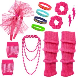 80s 90s Costumes Accessories for Women Girls 1980s Neon Headband Earrings Fishnet Gloves Necklace Silicone Bracelet Scrunchies Leg Warmers Party Outfit Set
