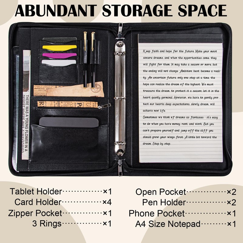 Calfinder 3 Ring Portfolio Binder,PU Leather Padtfolio Binder with Zipper,Padfolios