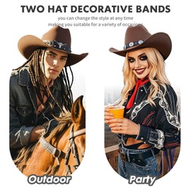 Barelove Western Cowboy Hats for Women Men, Wide Brim Fedoras Hat, Studded Pinched Suede Cowgirl Hats with 2 Belt (Brown)