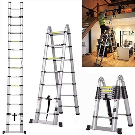 Aluminum Telescoping Ladder 12.5FT Extension Ladder A-Frame Ladder Multi-Purpose Ladder with Stabilizer Bar One Button Retraction Ladder Collapsible Ladders for Home Or Outdoor, RV Ladder, 330Lbs Load