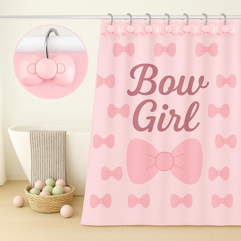 YOINIUEM Pink Bow Shower Curtain Hooks Set of 12, Cute