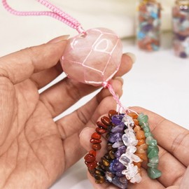 Nupuyai Rose Quartz Heart Crystal Stone Tassel Hanging Ornament, Fengshui Crystals 7 Chakra Reiki Healing Ornament for Home Car Good Luck Wedding Decor