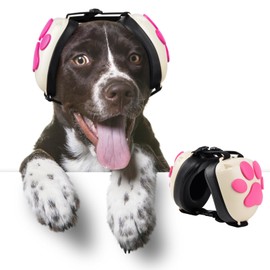 Famikako Upgraded Dog Ear Muffs for Noise Protection - 22dB NRR Noise Cancelling Headphones with Dog Paw Design, Calming Earmuffs for Thunder, Fireworks & Hunting (L, White-Pink)