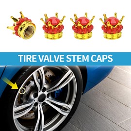 A ABSOPRO Tire Valve Stem Caps 12.8x15.8MM Car Wheel Valve Cap ABS Gold Tone Red Faux Crystal Crown Style for Car Bike Motorcycle Truck Anti Crash Tyre Valve Stem Cover Valve Dust Cap 4 Pcs