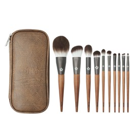 EDTRE Walnut Wood Makeup Brushes, Set of 10, Multifunctional Makeup Brushes, For Beginners, Powder Capacity, Suitable for Sensitive Skin, PU Leather Storage Pouch, Convenient to Carry